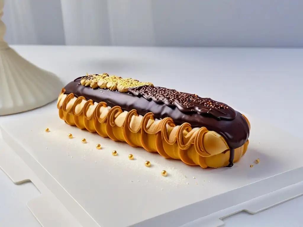 Éclair exquisito de Éric Lanlard repostería británica: detallado, ganache de chocolate, acabado brillante y toque de elegancia con copos dorados