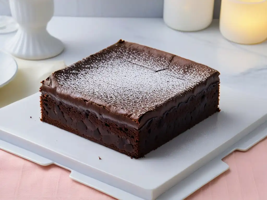 Un exquisito brownie bajo en calorías con trozos de chocolate, espolvoreado con cacao, sobre un plato blanco en mármol