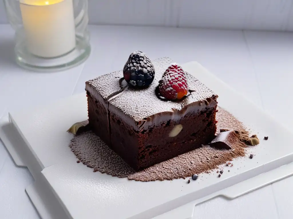 Exquisito brownie de chocolate con frambuesas en plato blanco