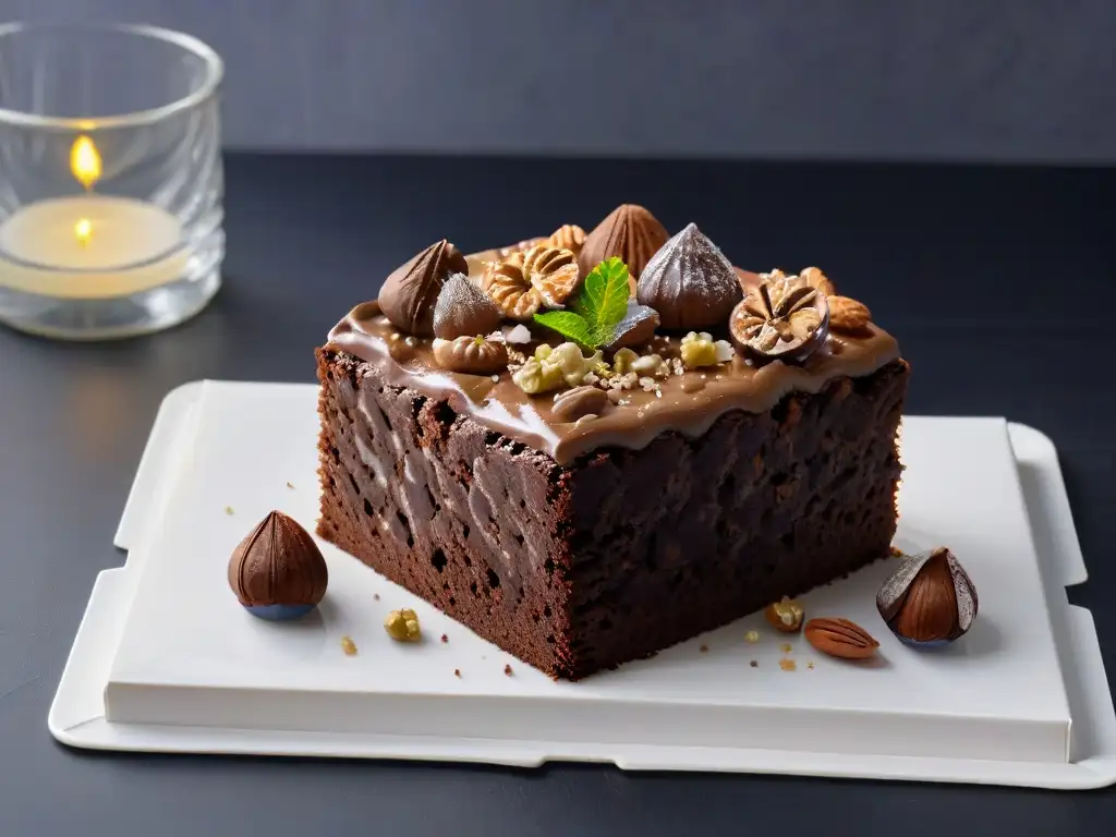 Un exquisito brownie de chocolate con nueces y semillas, elegante y decadente postre