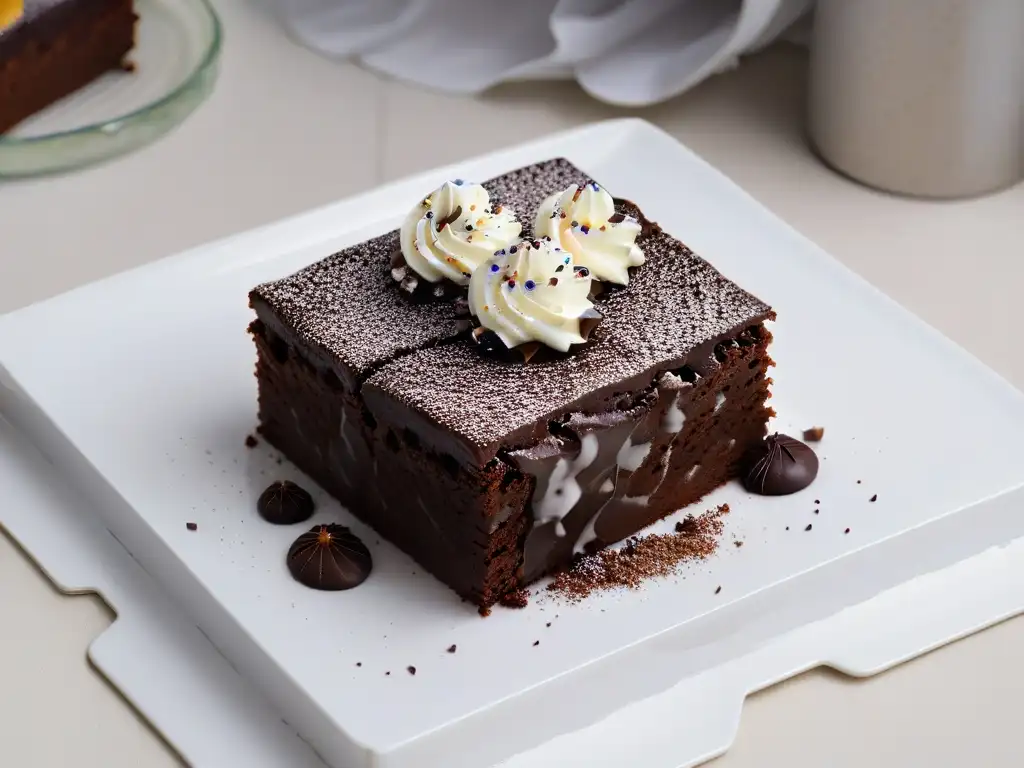 Un exquisito brownie gourmet sin azúcar, con trozos de chocolate oscuro y un toque de cacao en polvo, en un elegante plato blanco