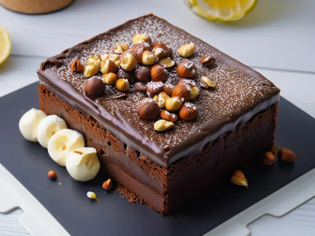 Un exquisito brownie gourmet sin azúcar con ganache de chocolate y avellanas