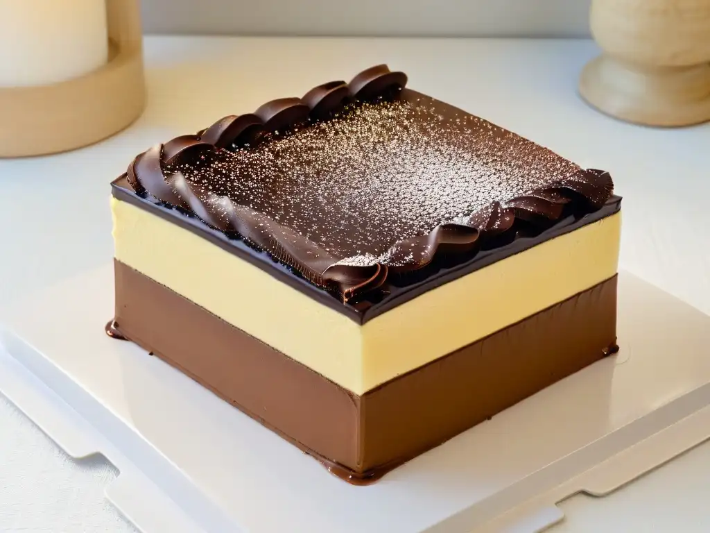 Exquisito Opera Cake con capas de café, ganache de chocolate y glaseado dorado, en plato blanco