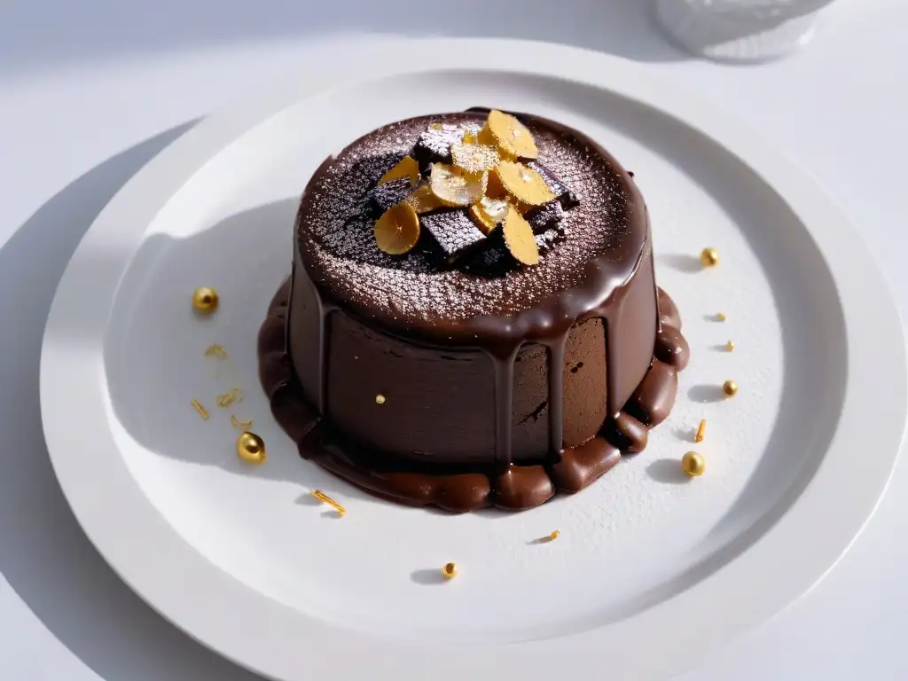 Exquisito lava cake de chocolate con destellos dorados sobre fondo blanco