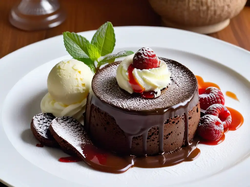 Exquisito lava cake de chocolate con helado de vainilla y coulis de frambuesa