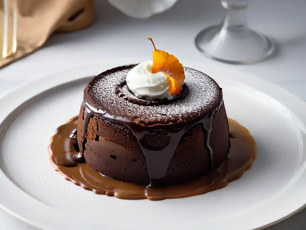Un exquisito lava cake de chocolate con innovación en texturas de postres