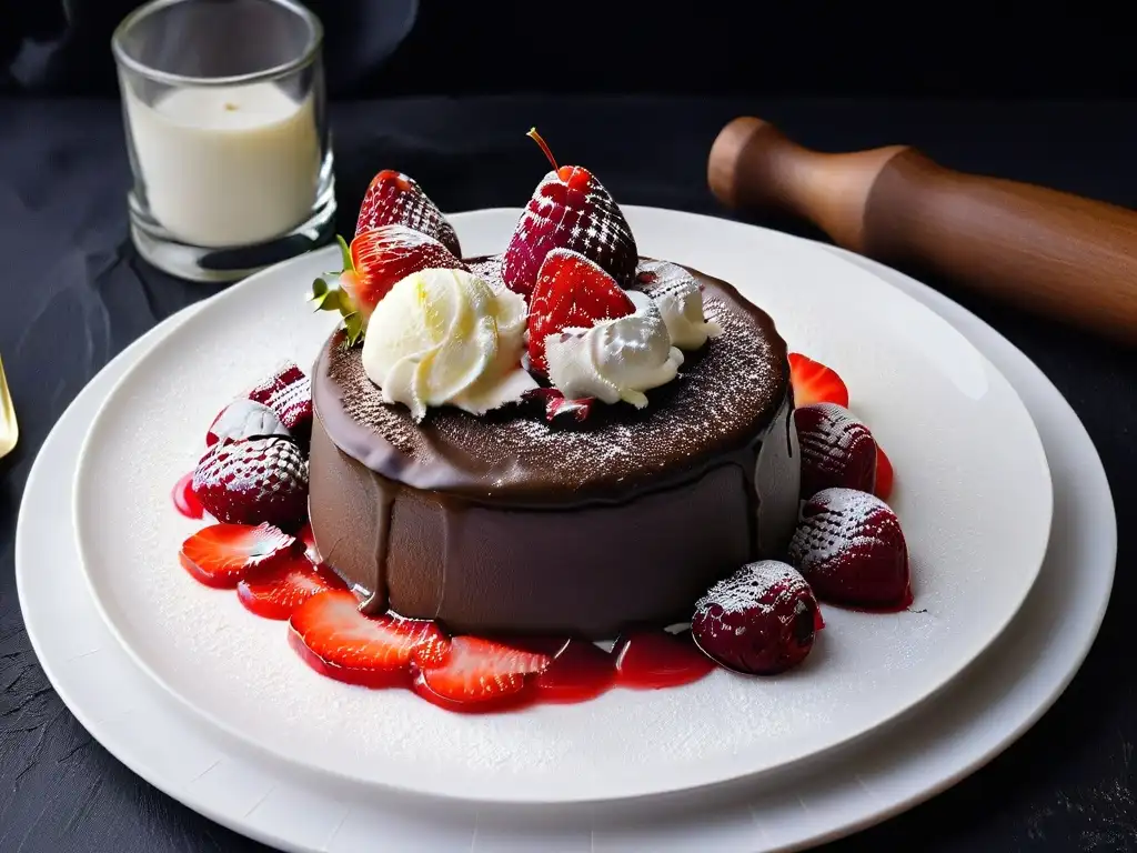Delicioso pastel vegano de lava de chocolate con helado y frutas Exquisito lava cake vegano con helado, fresas y coulis de frambuesa en plato blanco