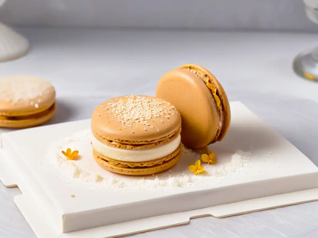 Un exquisito macaron de caramelo salado sobre mármol, resaltando la combinación perfecta de dulce y salado