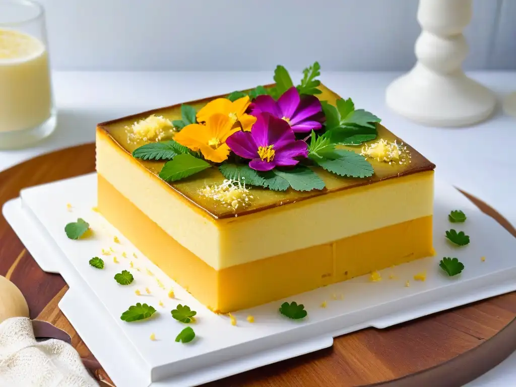 Un exquisito Cassava Cake con sabores únicos, decorado con flores comestibles y hierbas frescas en una presentación elegante