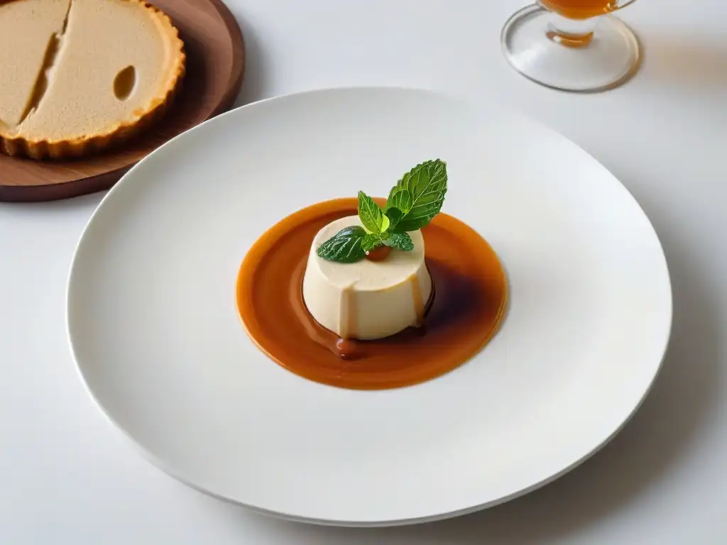 Un exquisito puré de castañas húngaro con salsa de caramelo, decorado con una hoja de menta