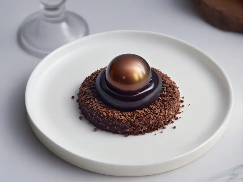 Un exquisito caviar de chocolate en un plato blanco impecable, iluminado suavemente