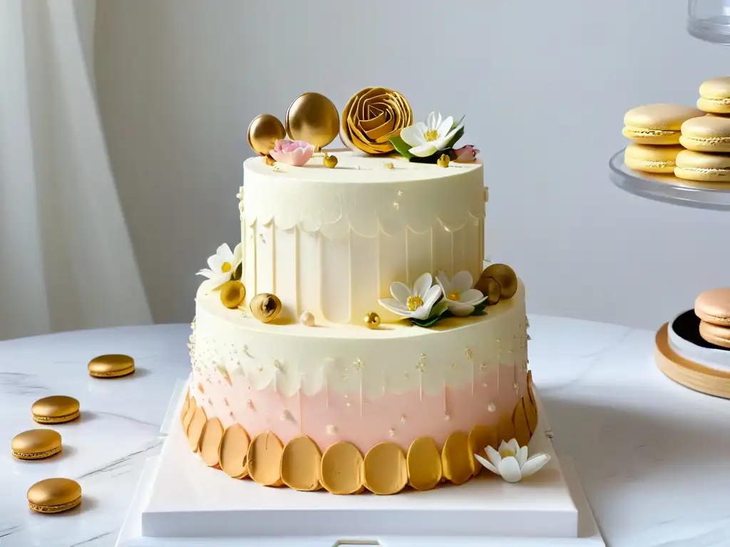 Centro de mesa de postres lujoso y elegante con pastel blanco y dorado de tres niveles y exquisitas flores de azúcar en tonos rosa y marfil Un exquisito centro de mesa con pastelería de alta gama decorativa, rodeado de macarons y chocolates brillantes