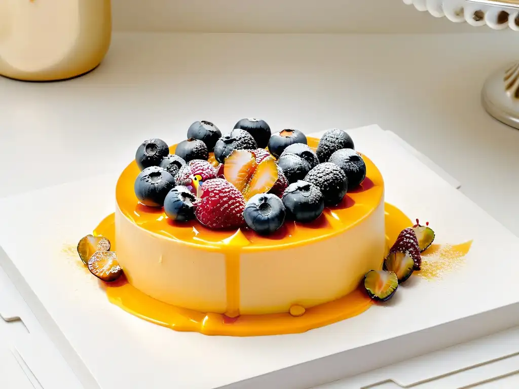 Exquisito cheesecake de aguaymanto con coulis dorado, bayas frescas y hojuelas de oro comestible, en un elegante plato moderno