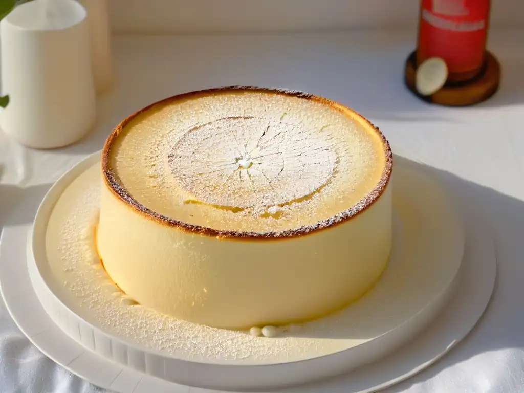 Un exquisito cheesecake japonés auténtico, delicadamente decorado con azúcar glass