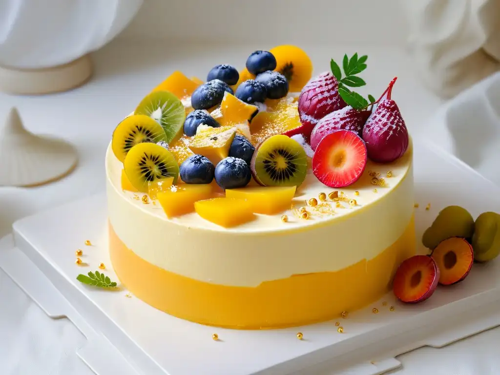 Un exquisito cheesecake de mango y maracuyá, decorado con láminas de oro comestible y frutas tropicales frescas
