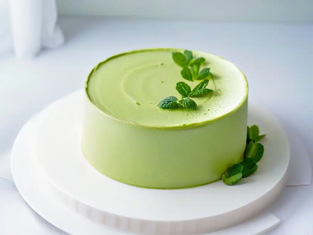 Exquisito cheesecake matcha en blanco plato, destacando sus capas y colores