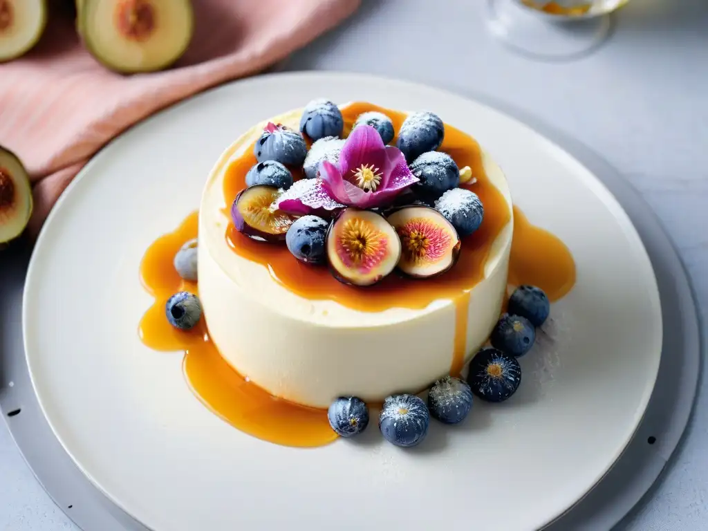 Un exquisito cheesecake con quesos exóticos, suavidad y sabor, decorado con miel, higos frescos y flores comestibles