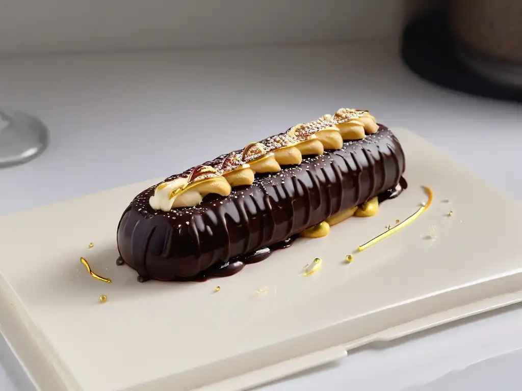 Un exquisito éclair con chocolate brillante y crema de vainilla, en una cocina parisina