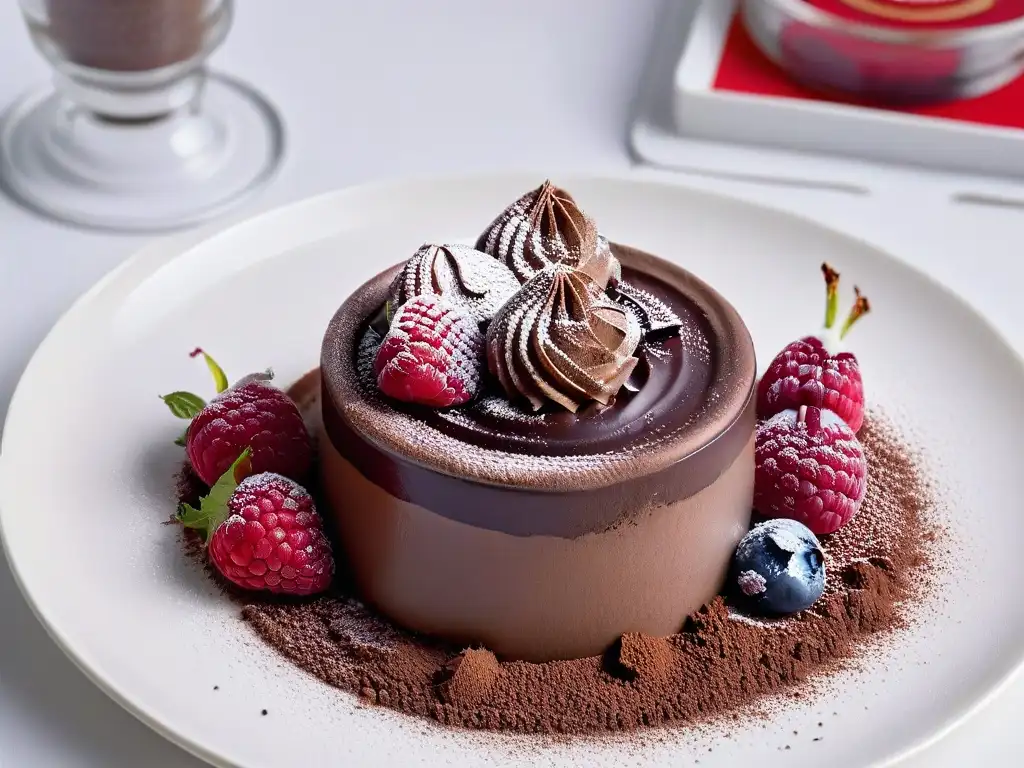 Exquisito mousse de chocolate sin gluten con frambuesa y cacao, elegante y tentador