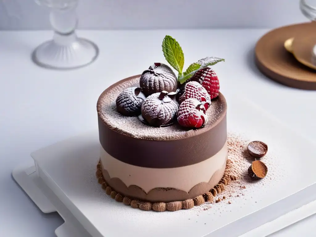 Exquisito mousse de chocolate sin gluten con frambuesas y menta en copa de postre elegante