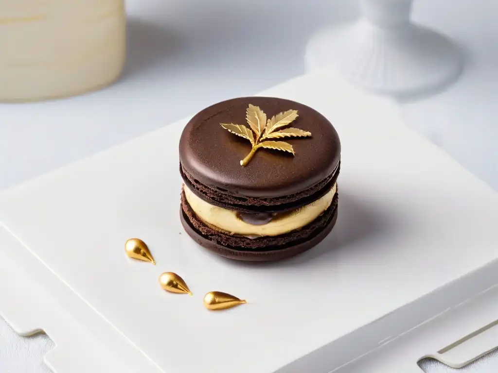 Exquisito macaron de chocolate con hoja de oro en plato blanco moderno