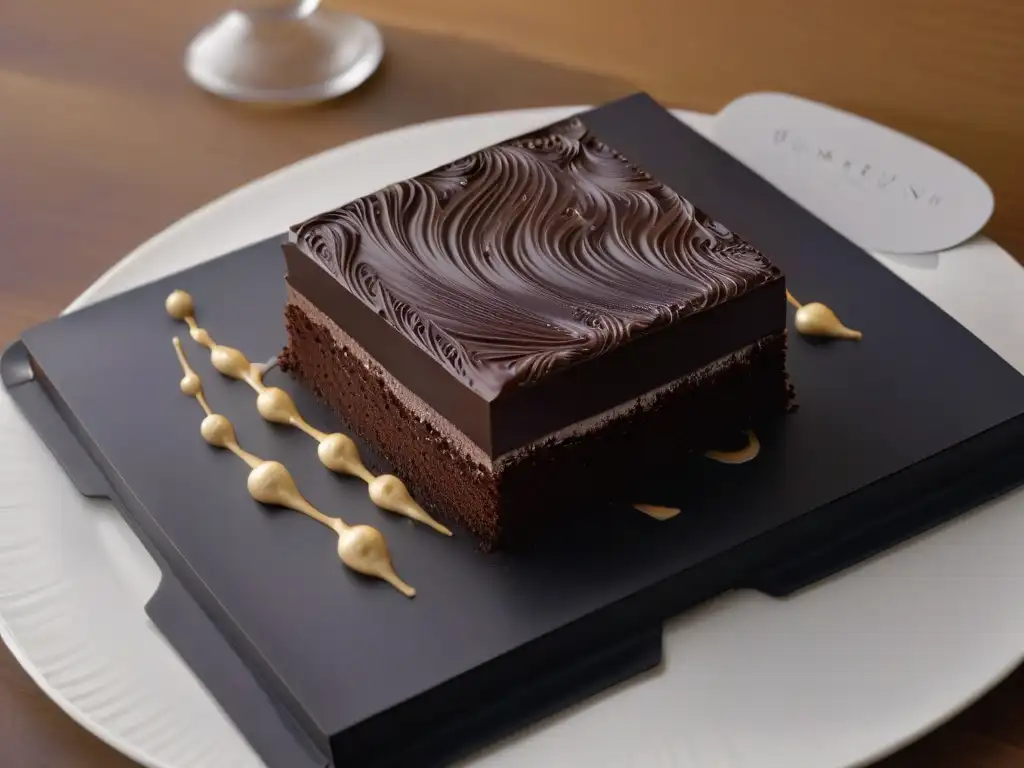 Exquisito chocolate de origen en elegante presentación junto a espresso, postres gourmet