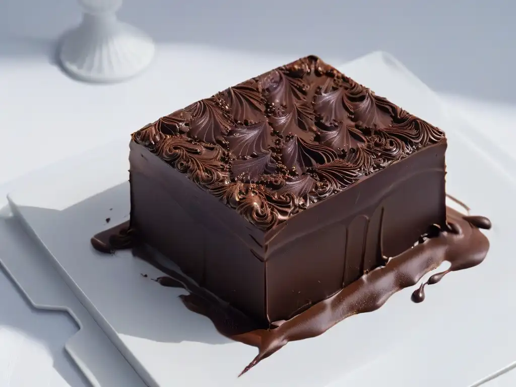 Exquisito chocolate de origen postres gourmet en plato blanco minimalista