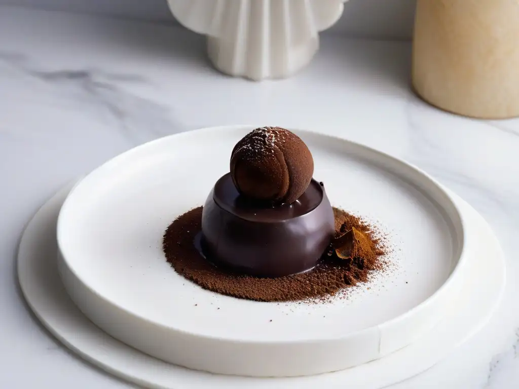 Exquisito chocolate en postres minimalistas: trufa de chocolate negro sobre plato blanco en mármol