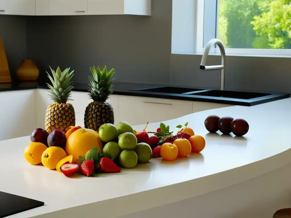 Un exquisito y colorido arreglo de frutas frescas en una cocina moderna