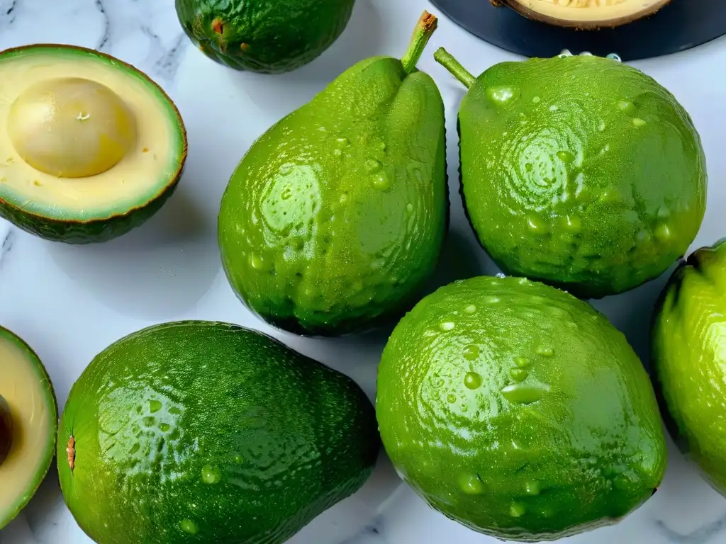 Un exquisito conjunto de aguacates maduros y vibrantes en un elegante mostrador de mármol
