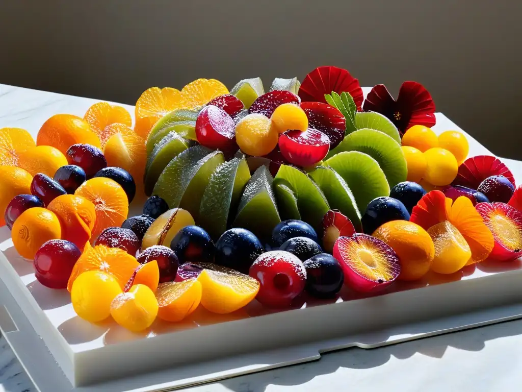 Un exquisito conjunto de marcas de frutas confitadas calidad en elegante presentación sobre mármol