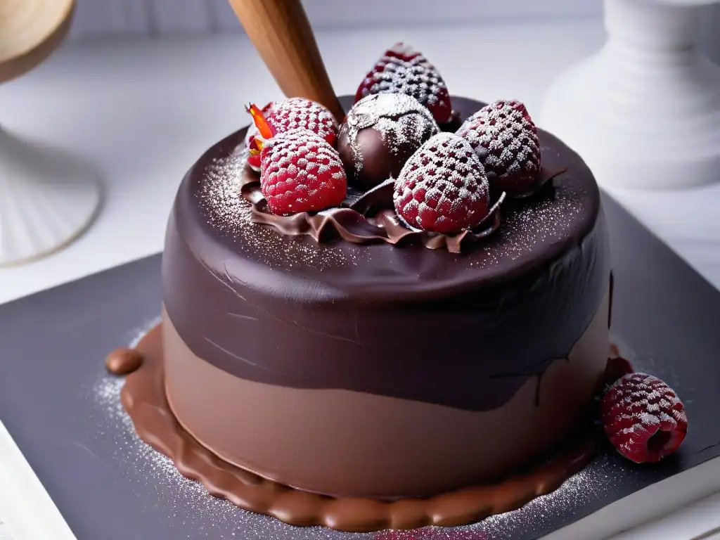 Exquisito contraste sorprendente en postres: esfera de chocolate negro con relleno de mousse de frambuesa