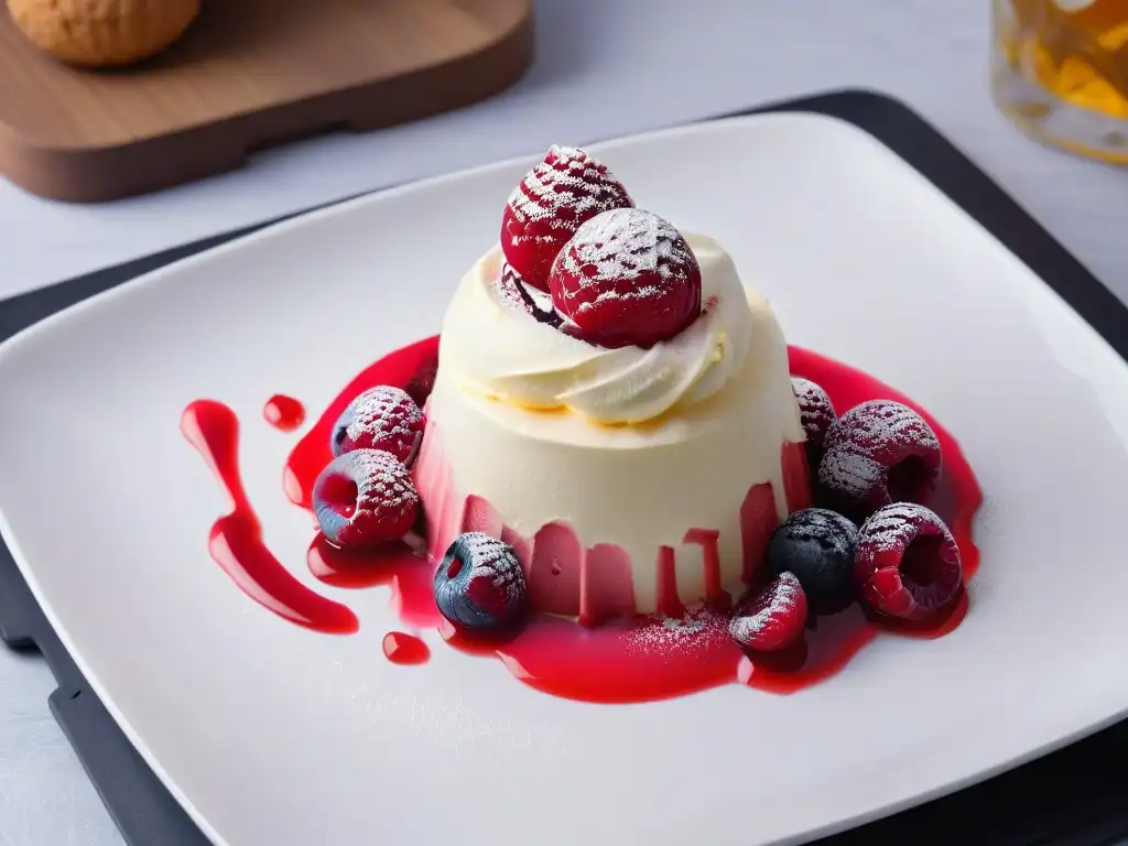 Un exquisito contraste: suave helado de vainilla con coulis de frambuesa en un plato negro mate