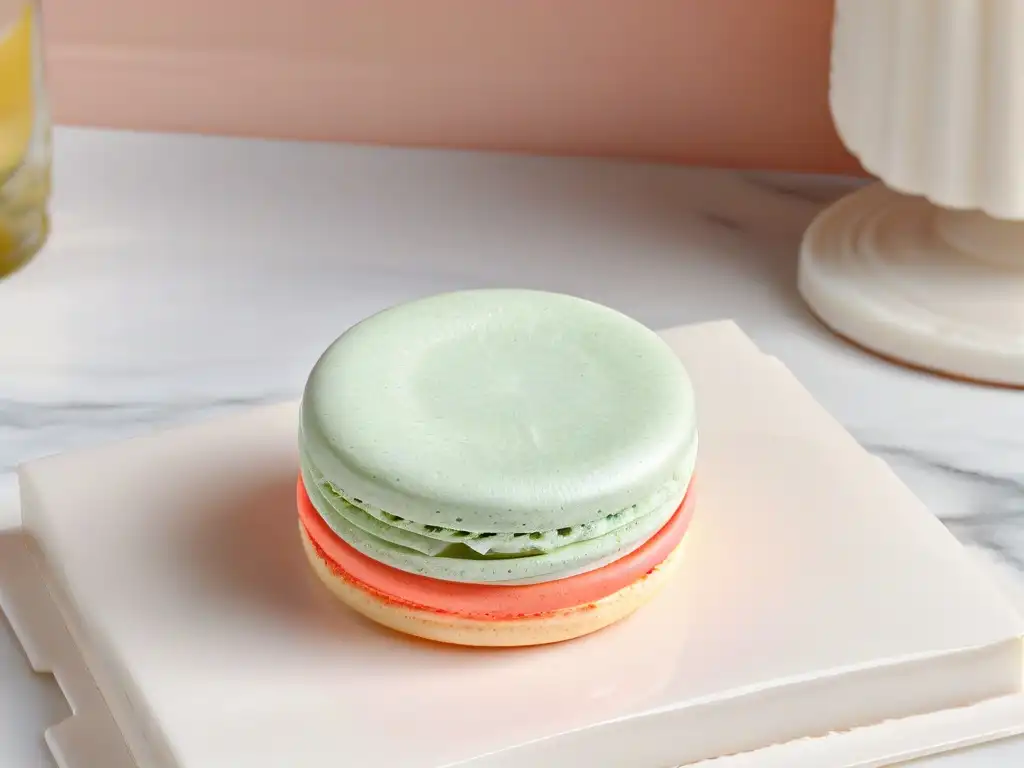 Un exquisito macaron coral sobre mármol, reflejando la luz natural