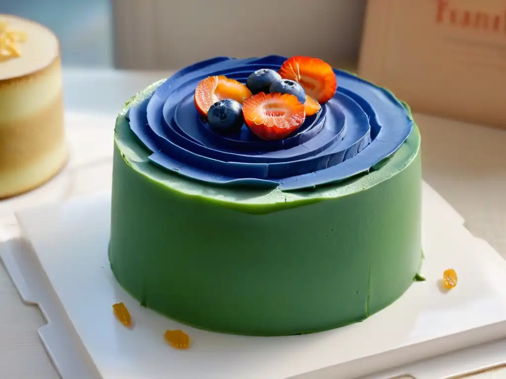 Un exquisito corte de Torta de capas Kueh Lapis, con colores vibrantes y texturas suaves, en un plato blanco