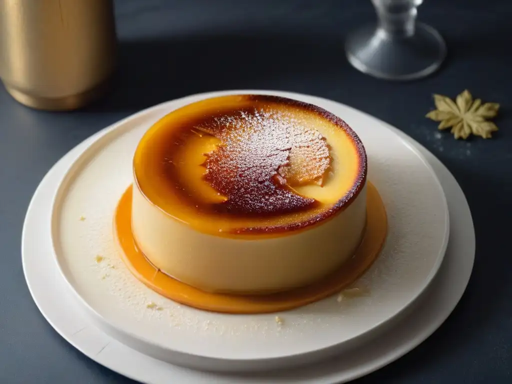 Un exquisito crème brûlée caramelizado con xilitol en un elegante plato blanco