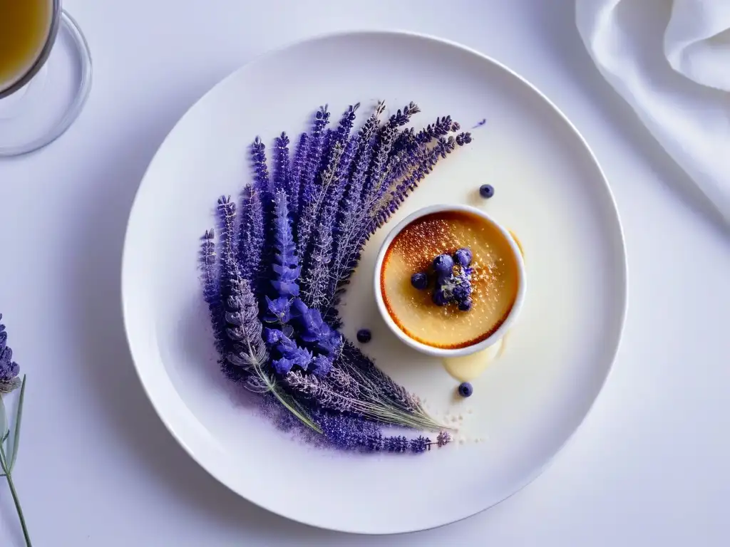 Un exquisito crème brûlée de lavanda con caramelo y flores, en un plato blanco moderno