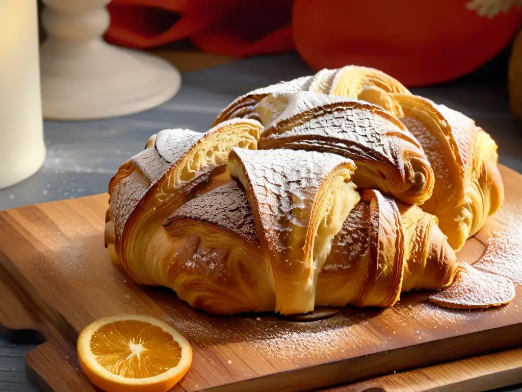 'Exquisito croissant dorado y escamoso, recién horneado, sobre tabla de madera rústica