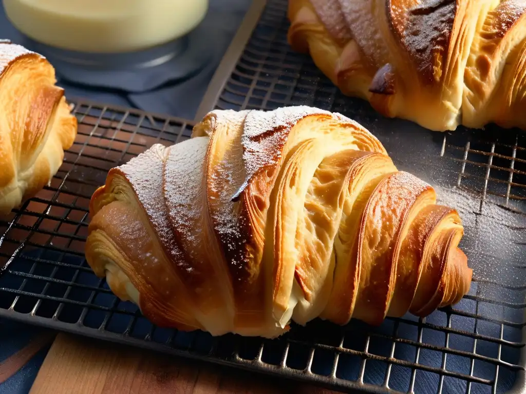 Exquisito croissant dorado recién horneado en una rejilla de enfriamiento