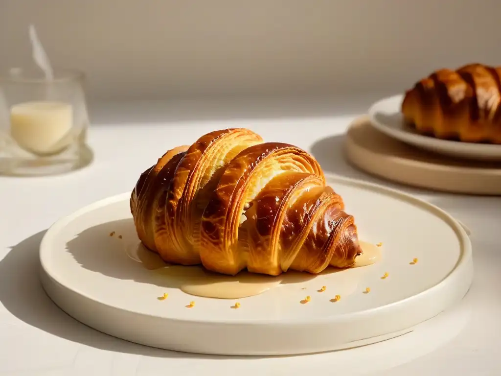 Exquisito croissant dorado en plato de porcelana blanco sobre mesa de madera, con certificación online panadería pastelería arte