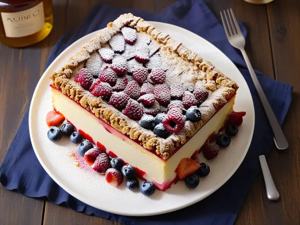 Un exquisito crumble de frutos rojos otoñal, con un toque de miel y crujiente topping dorado, sobre un plato blanco