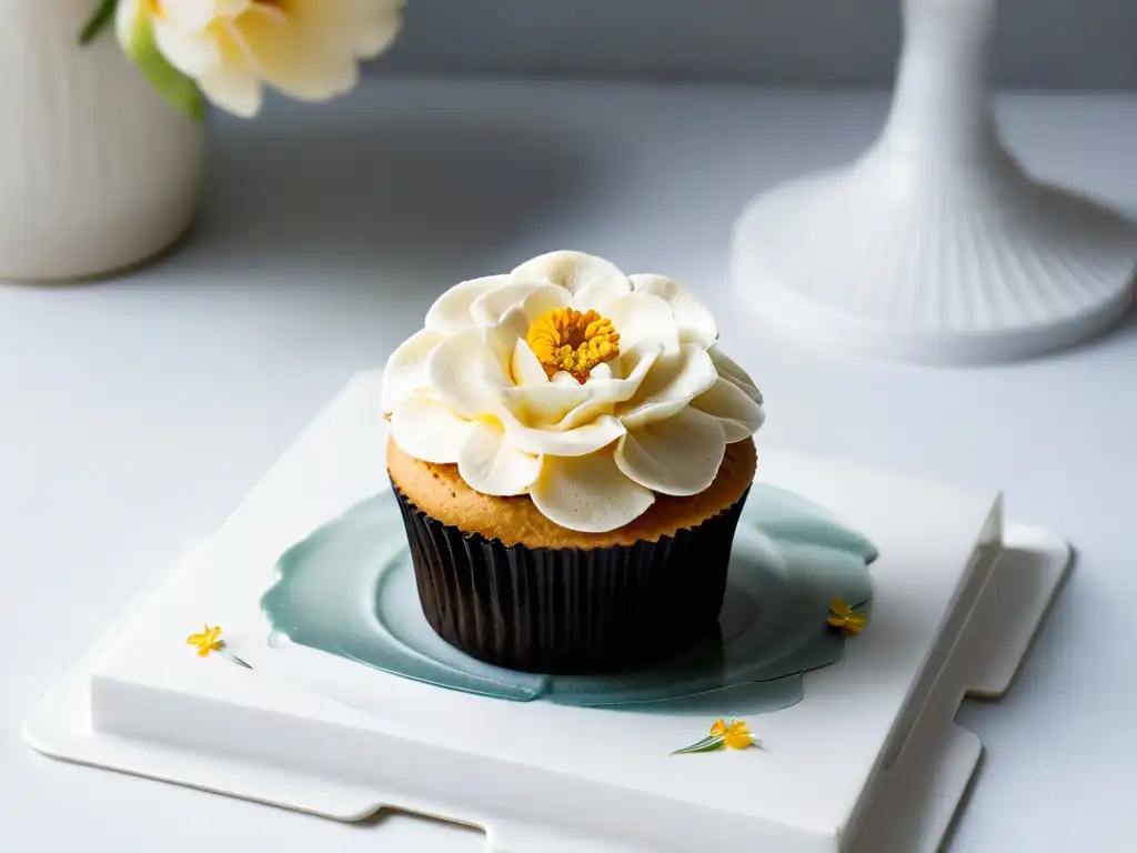 Un exquisito cupcake sin alérgenos con decoración de flores comestibles, sobre un plato blanco