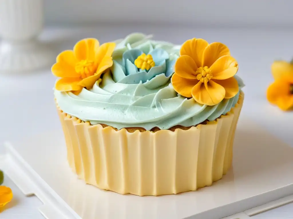 Un exquisito cupcake de alta costura con detalles meticulosos y decoración elegante en tonos pastel y hojuelas de oro comestibles