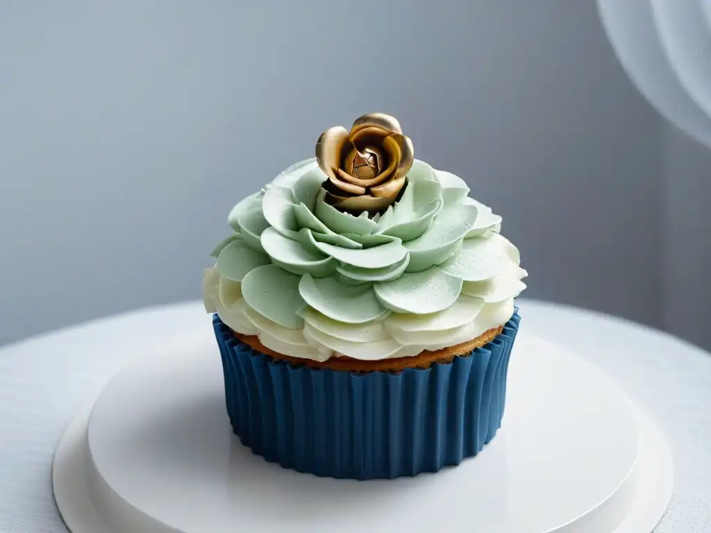 Un exquisito cupcake artesanal en un elegante stand sobre una encimera de cocina moderna