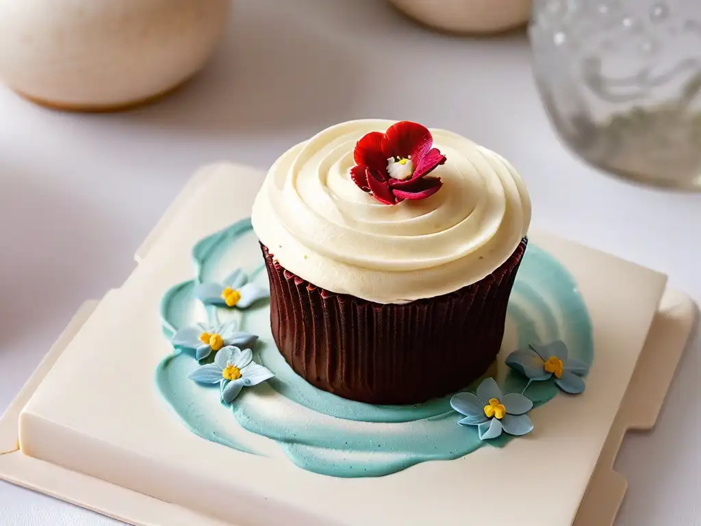 Exquisito cupcake sin azúcar con decoración detallada Un exquisito cupcake sin azúcar adornado con flores de fondant, ideal para diabéticos