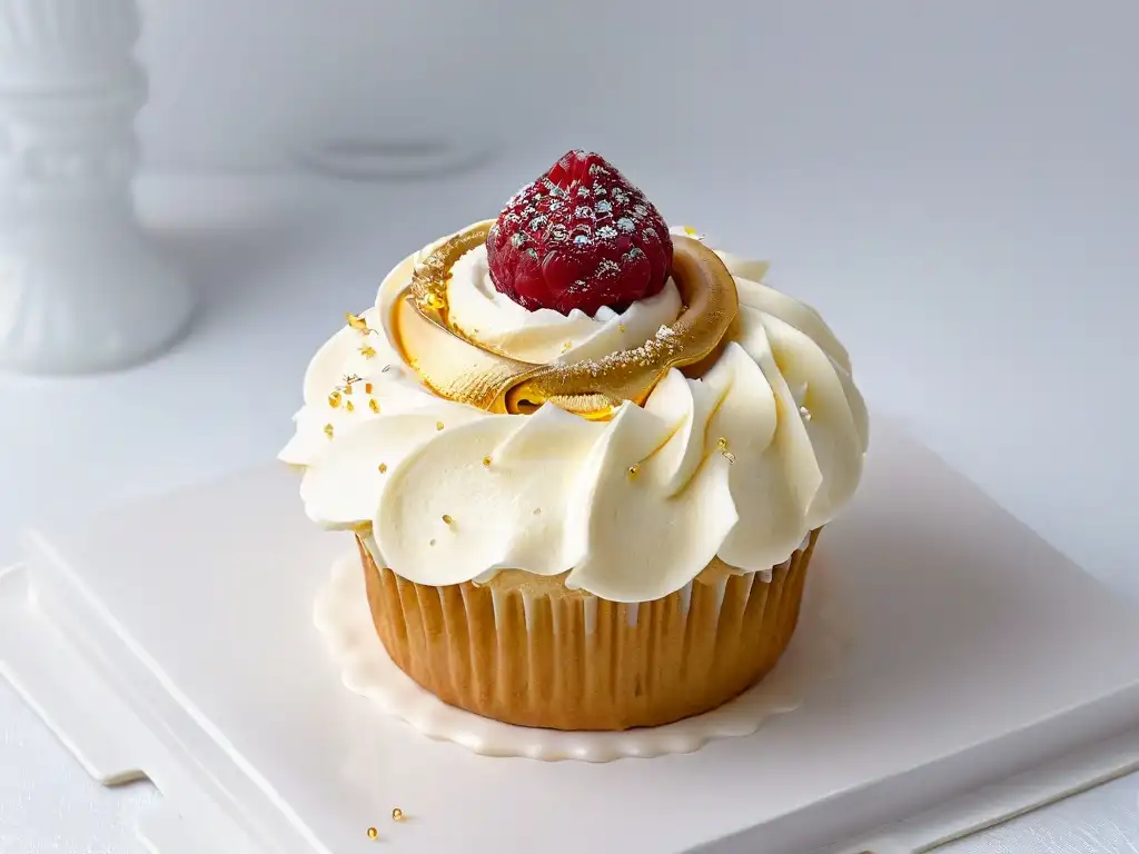 Un exquisito cupcake sin azúcar con detalles intrincados y elegantes, decorado con frambuesa fresca y hojuelas de oro comestible