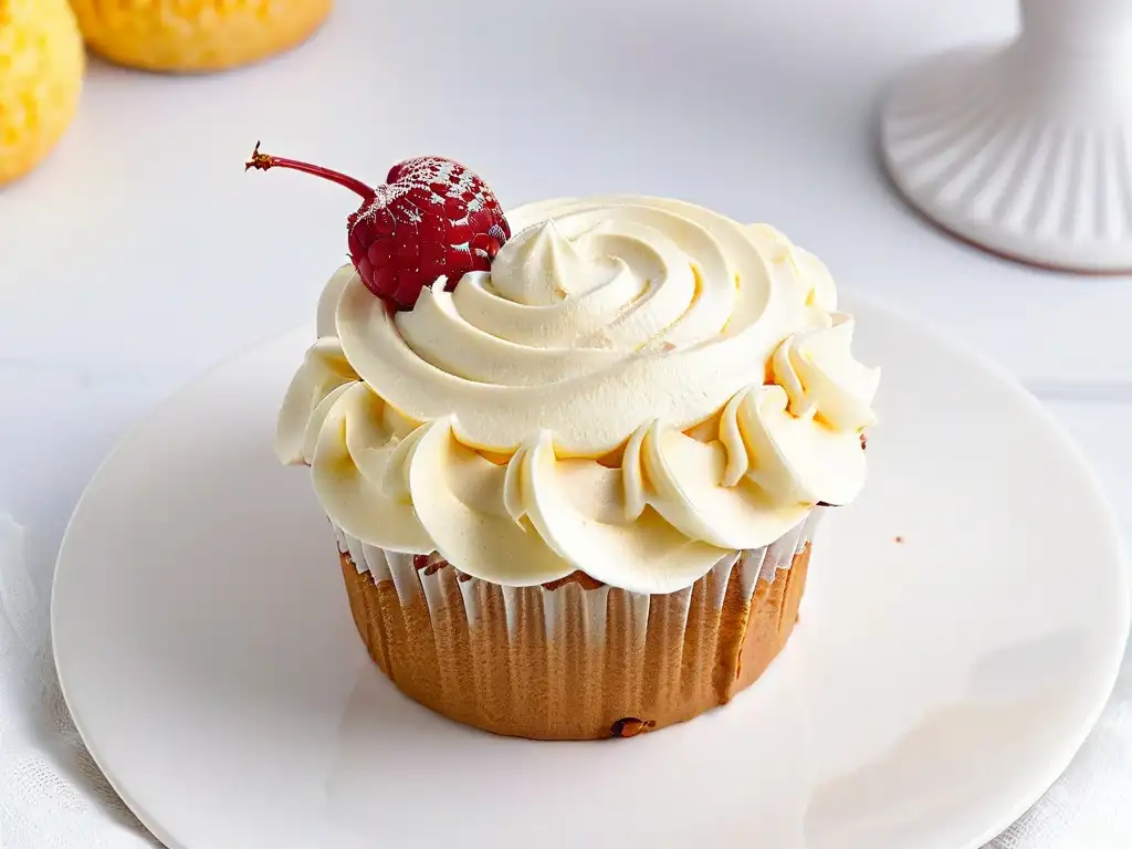 Exquisito cupcake sin azúcar con frambuesa en plato blanco