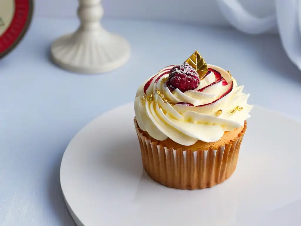 Delicado cupcake sin azúcar con frambuesa y oro comestible Exquisito cupcake sin azúcar con frambuesa y láminas de oro comestible en plato blanco