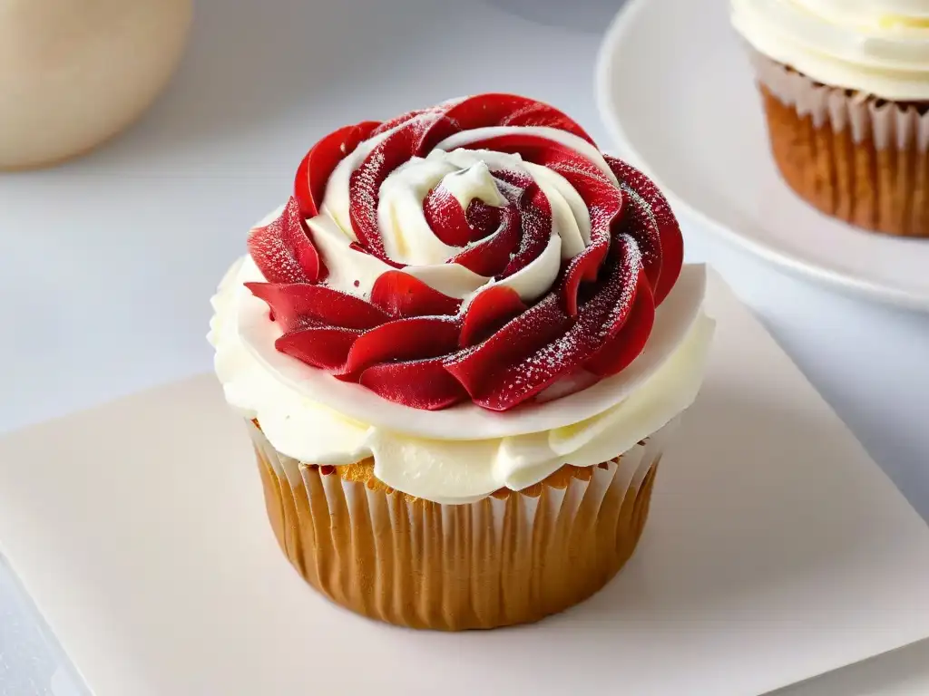 Cupcake sin azúcar con frosting natural y frambuesa fresca Un exquisito cupcake sin azúcar con frosting ligero y una frambuesa fresca, sobre un plato moderno