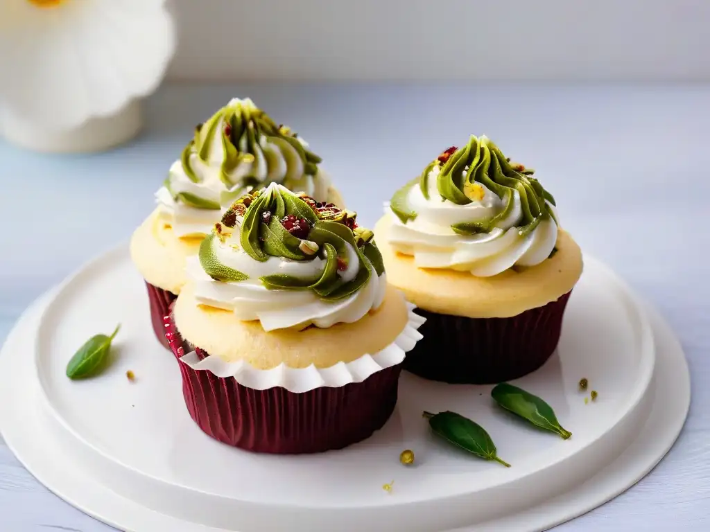 Delicioso cupcake sin azúcar con frambuesa y pistachos Exquisito cupcake sin azúcar con frosting, frambuesa y pistachos
